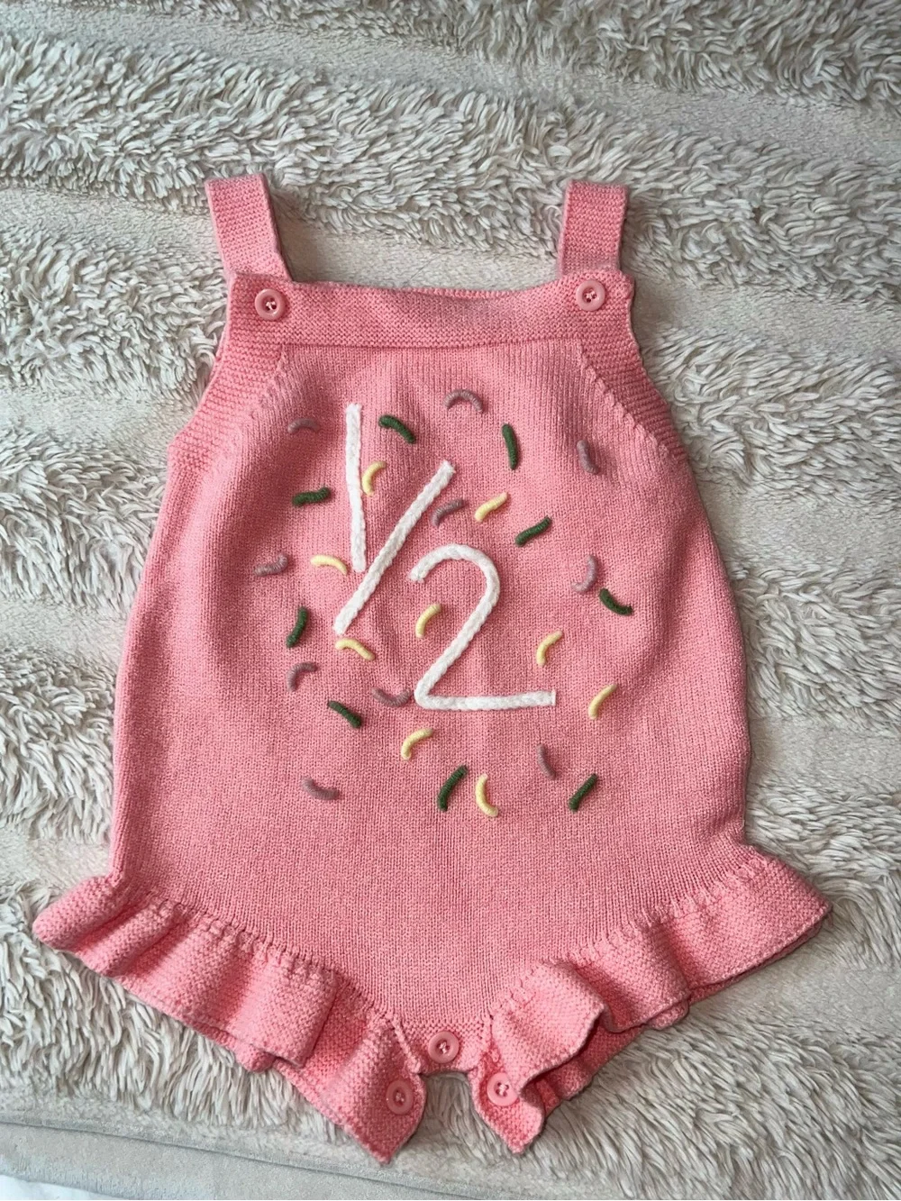 1/2 Birthday Pink Knit Baby Romper with Embroidered Sprinkles